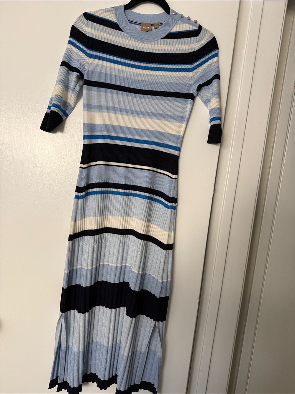 Hugo Boss Striped Ribbed Maxi Dress in Light Blue, Navy, Cream, Black